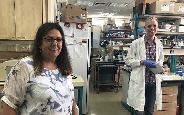 The Technion’s Prof. Marcelle Machluf, left, at her lab in Haifa with a lab assistant, June 19, 2019 (Shoshanna Solomon/Times of Israel)