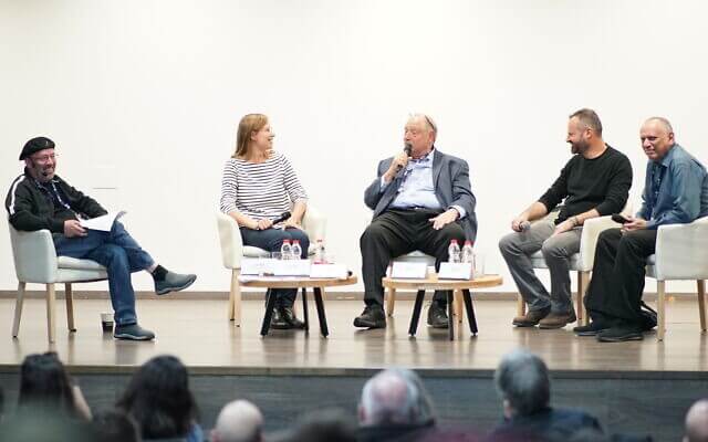 Former Intel Israel President Mooli Eden, left to right; Lena Levine, the co-founder of Via Surgical; Yossi Vardi; Gal Haber, co-founder and managing director of Plus500 Ltd; Dov Moran speak in a panel at entrepreneurship day at the Technion Dec. 19, 2019 (Courtesy)